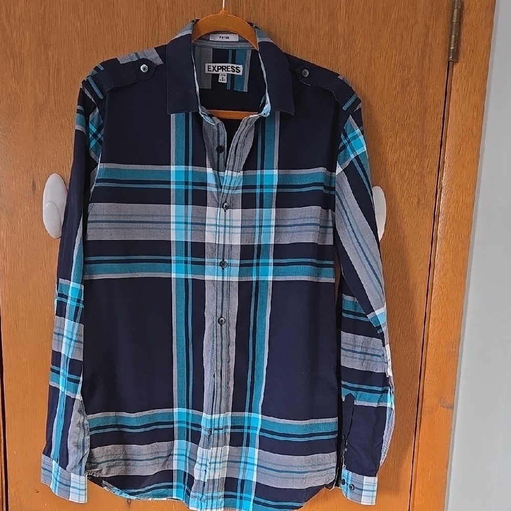 Express Men's Blue Plaid Shirt